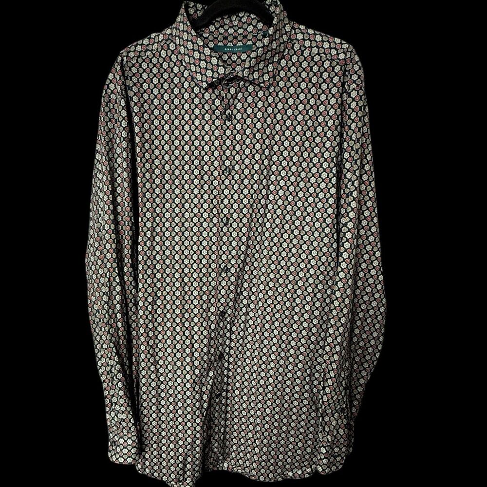 Perry Ellis Floral‎ Red & Gold 2XLT 100% Cotton Button Up Long Sleeve